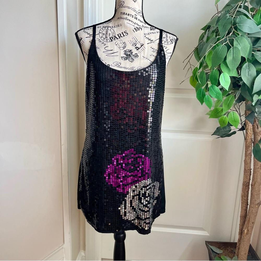 Almost Famous Y2K Sequin Rose Mini Dress Black Sz XL